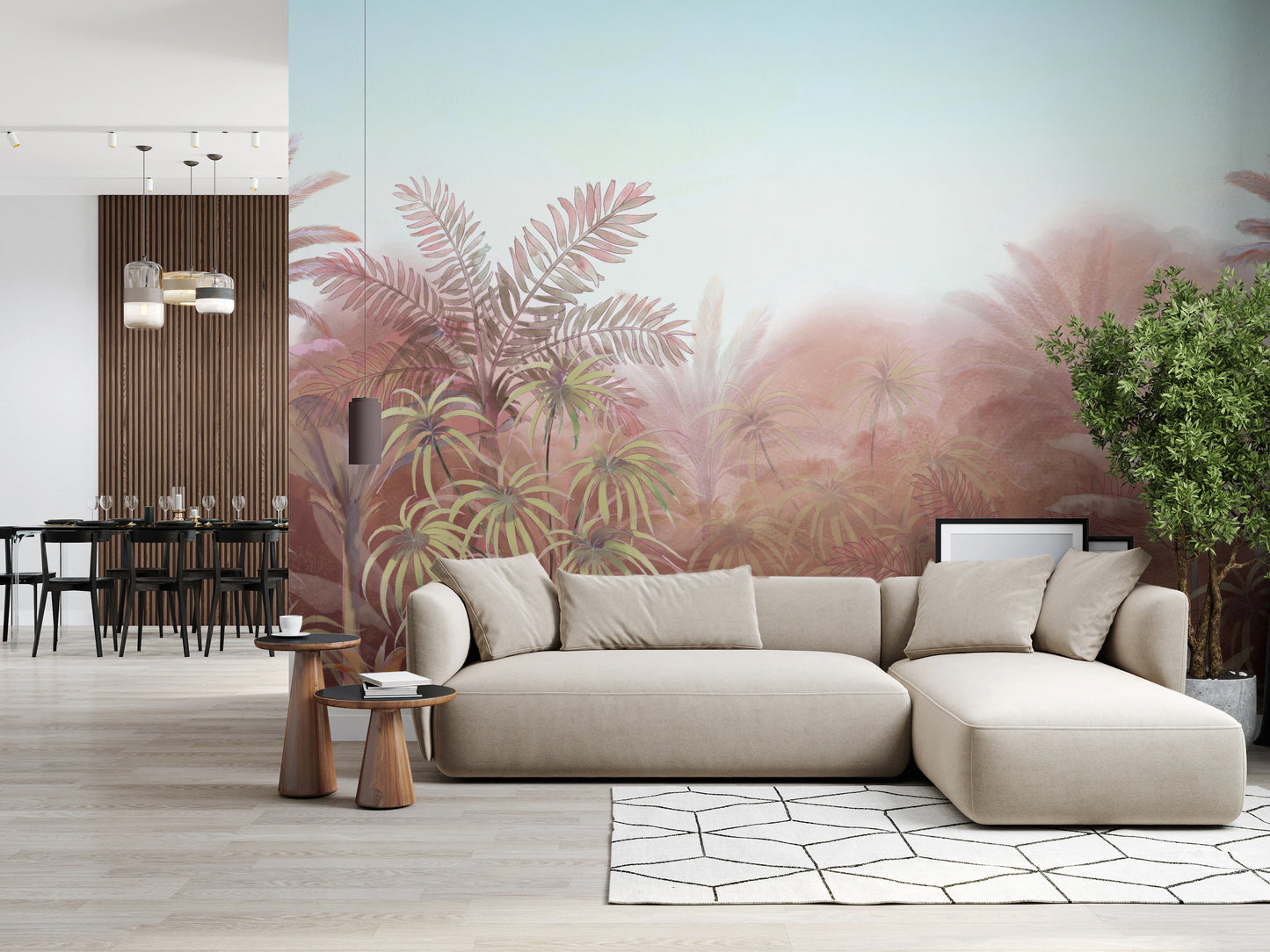Pink jungle mural with sky-blue horizon and warm coral tones