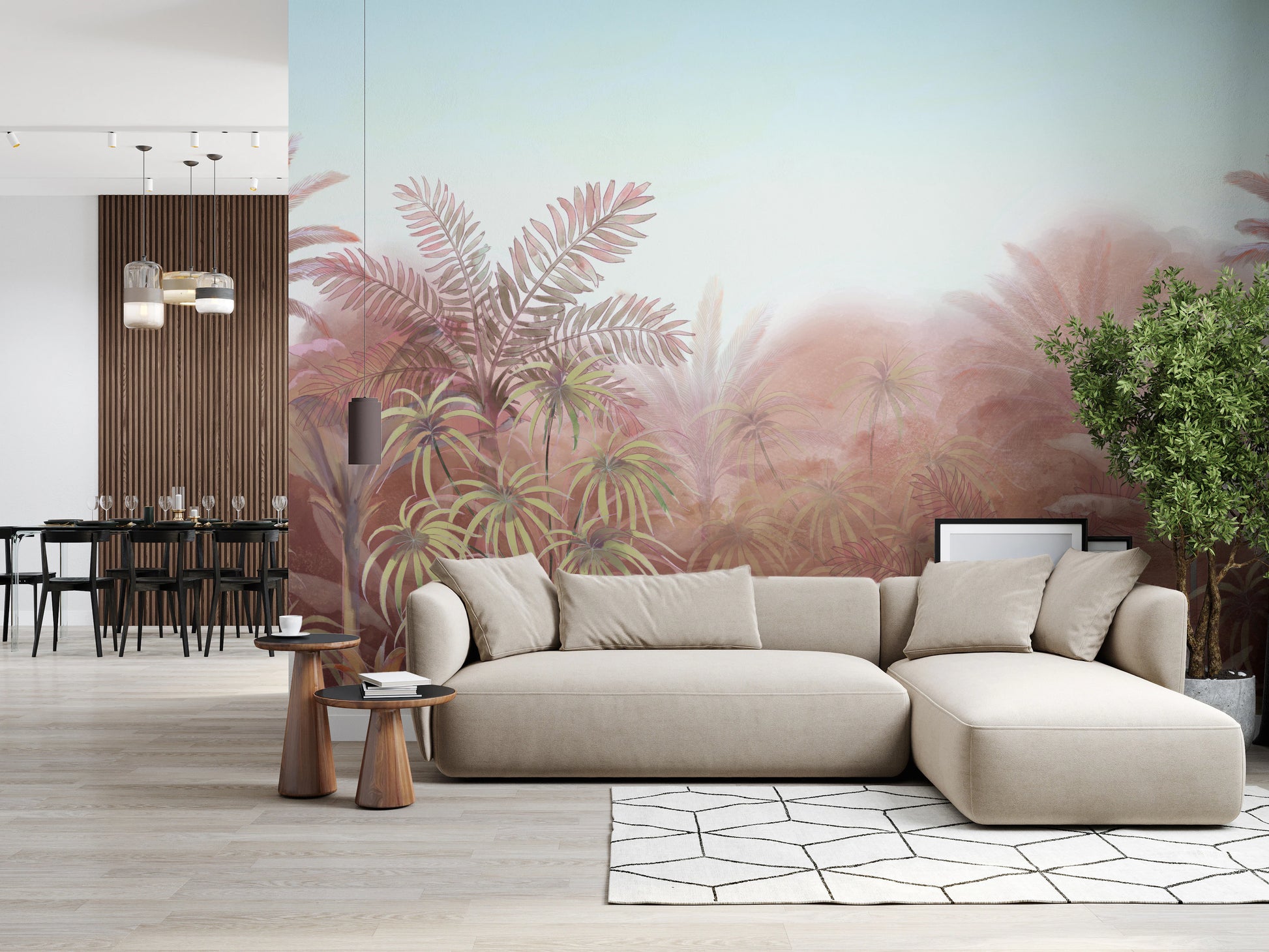 Pink jungle mural with sky-blue horizon and warm coral tones