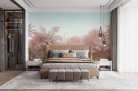 Bedroom accent wall with soft pink jungle mural.