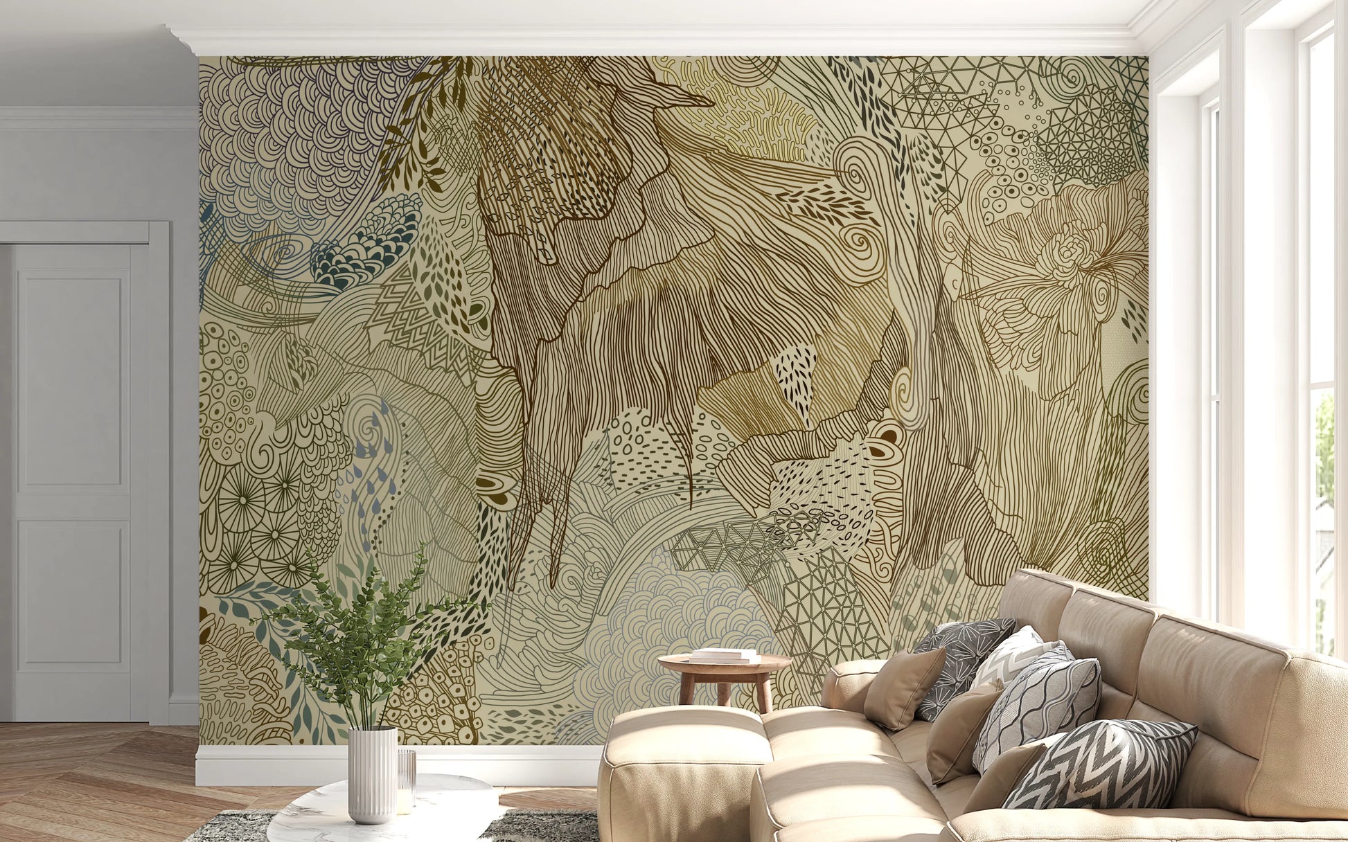 Brown ink stag wall mural with peonies, dotted swirls and triangular geometry. 