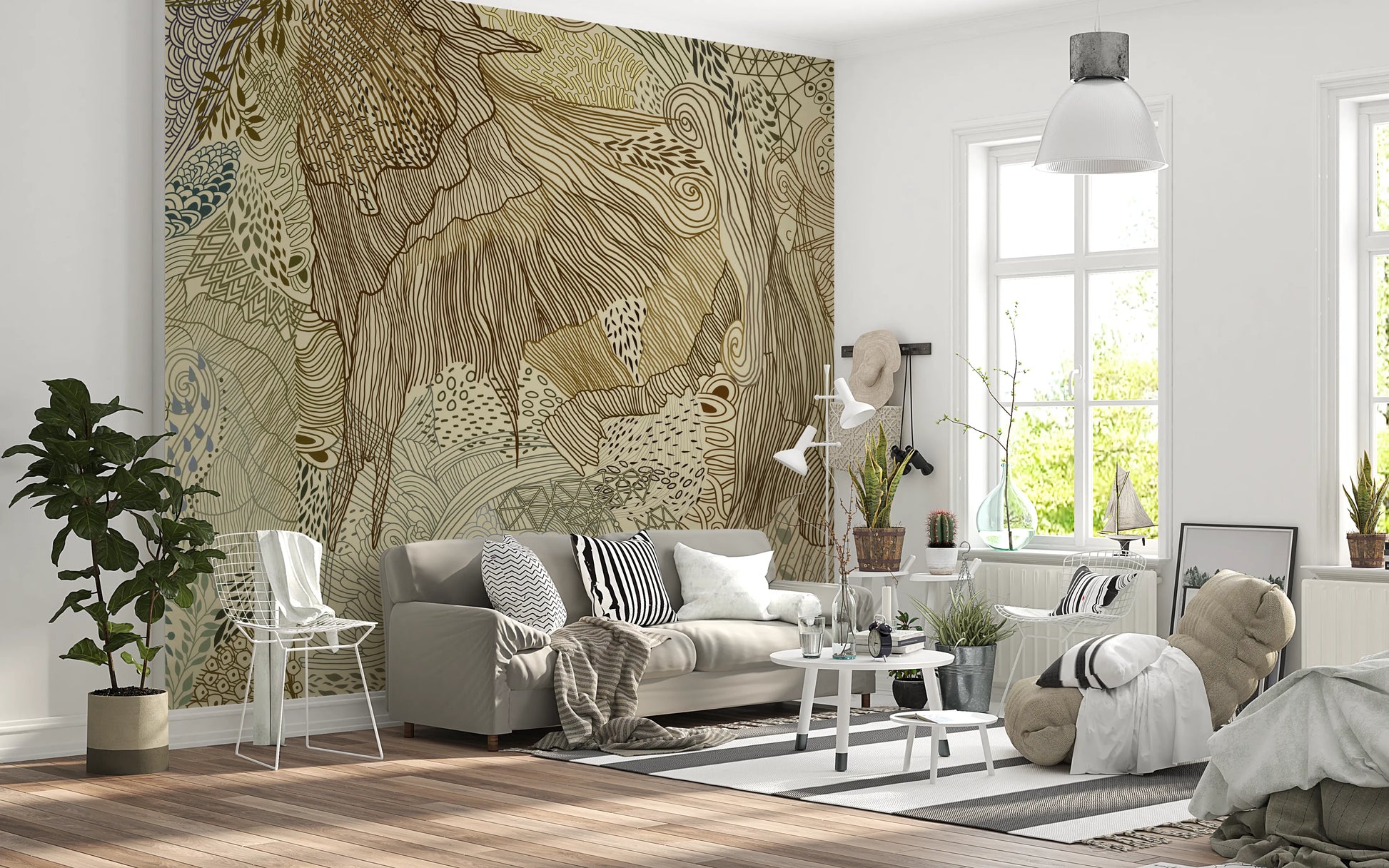 Hallway wall mural featuring a stag, peonies and mandala motifs.