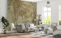 Hallway wall mural featuring a stag, peonies and mandala motifs.