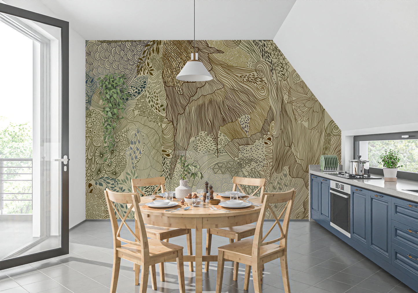 Dining room wall mural with boho stag, florals and paisley patterns. 