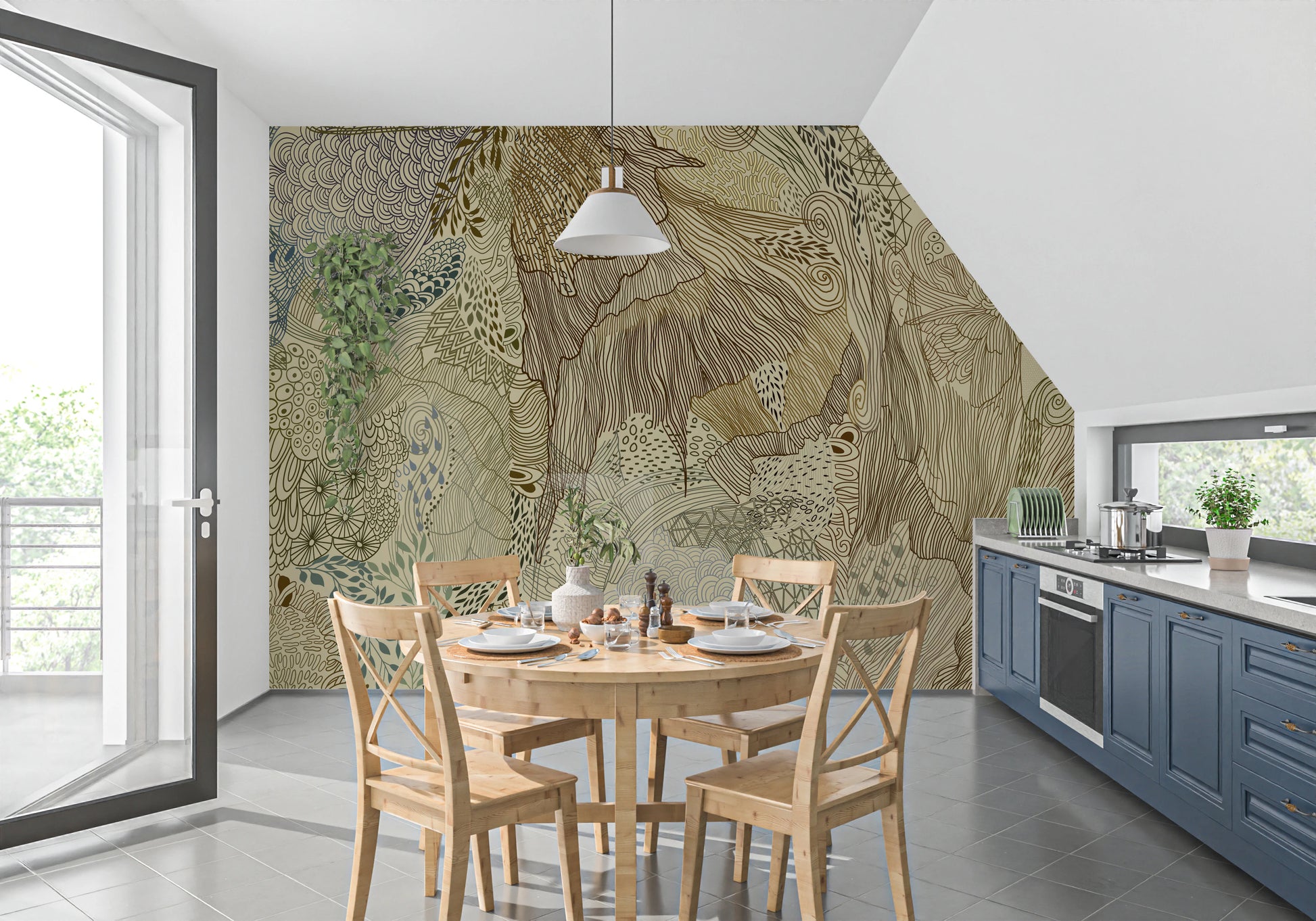 Dining room wall mural with boho stag, florals and paisley patterns. 