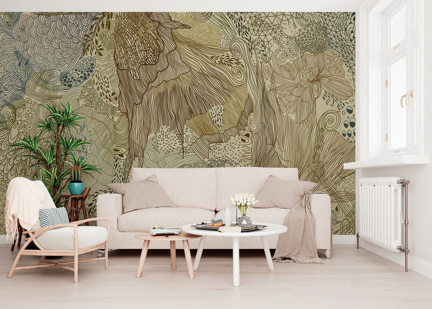 Living room wall mural showing organic tapestry linework in beige and brown.