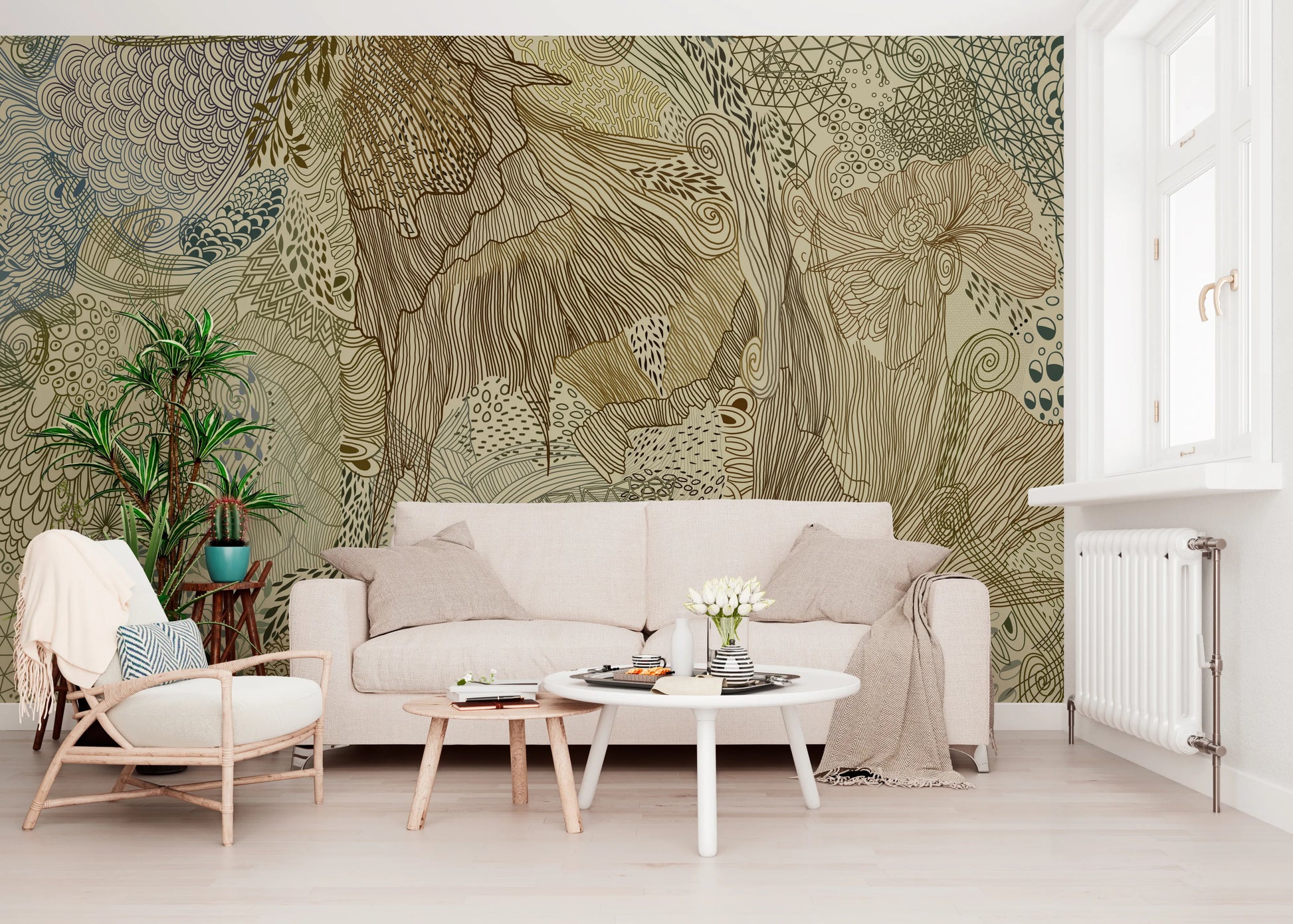Living room wall mural showing organic tapestry linework in beige and brown.