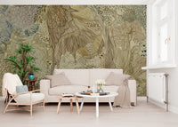 Living room wall mural showing organic tapestry linework in beige and brown.