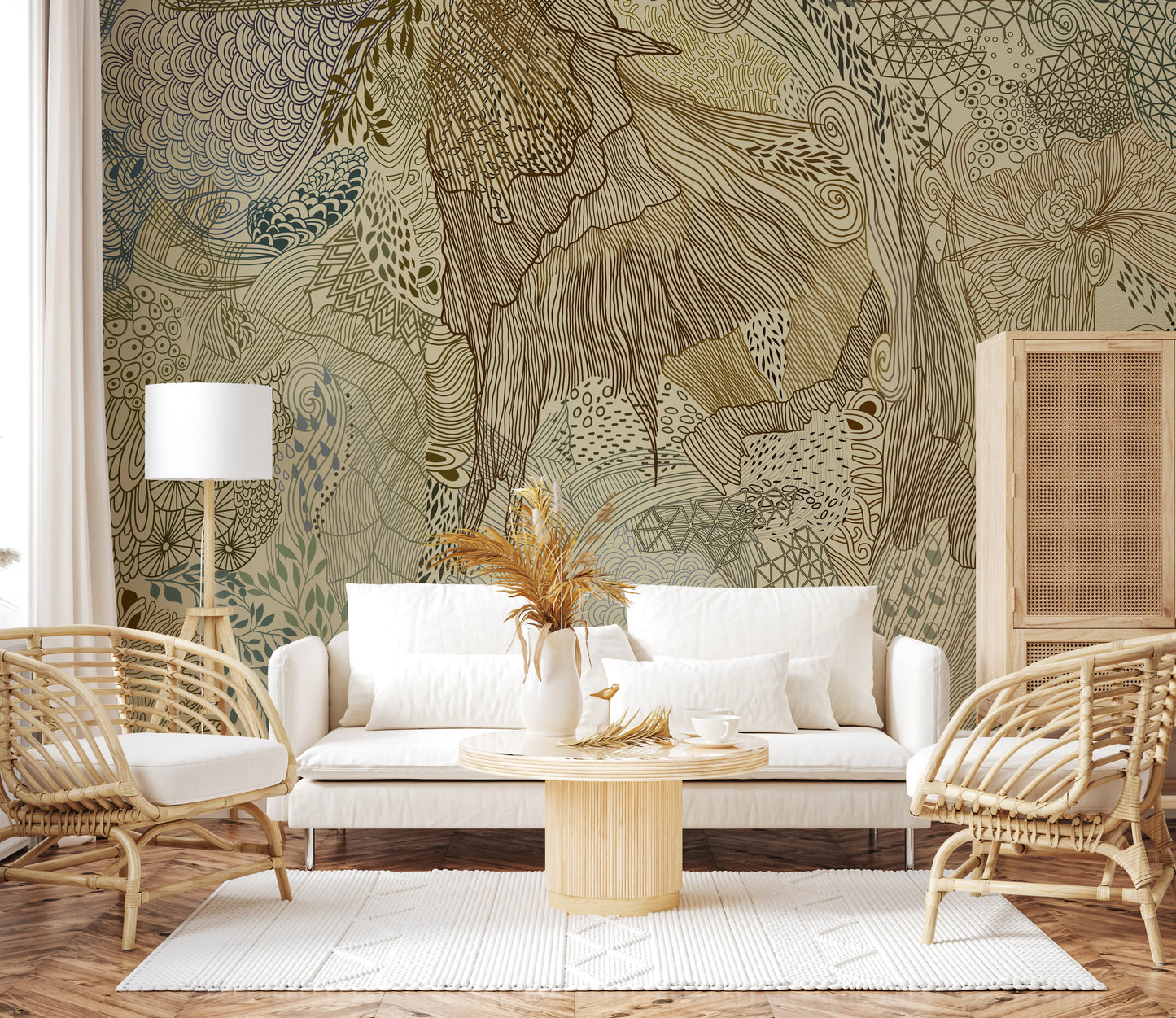 Boho organic tapestry wall mural with a brown stag and peony blooms on beige