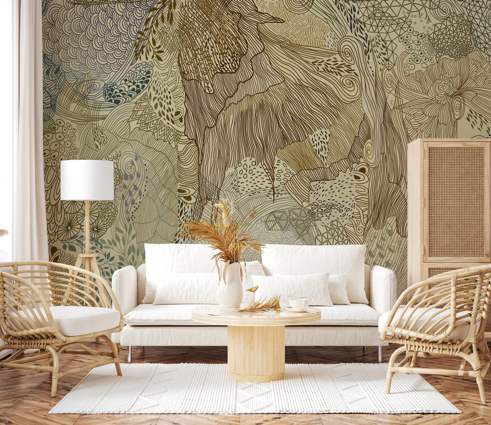 Boho organic tapestry wall mural with a brown stag and peony blooms on beige