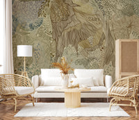 Boho organic tapestry wall mural with a brown stag and peony blooms on beige