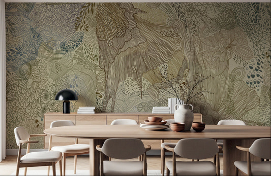 Dining room tapestry wall mural featuring a stag amid botanical patterns.