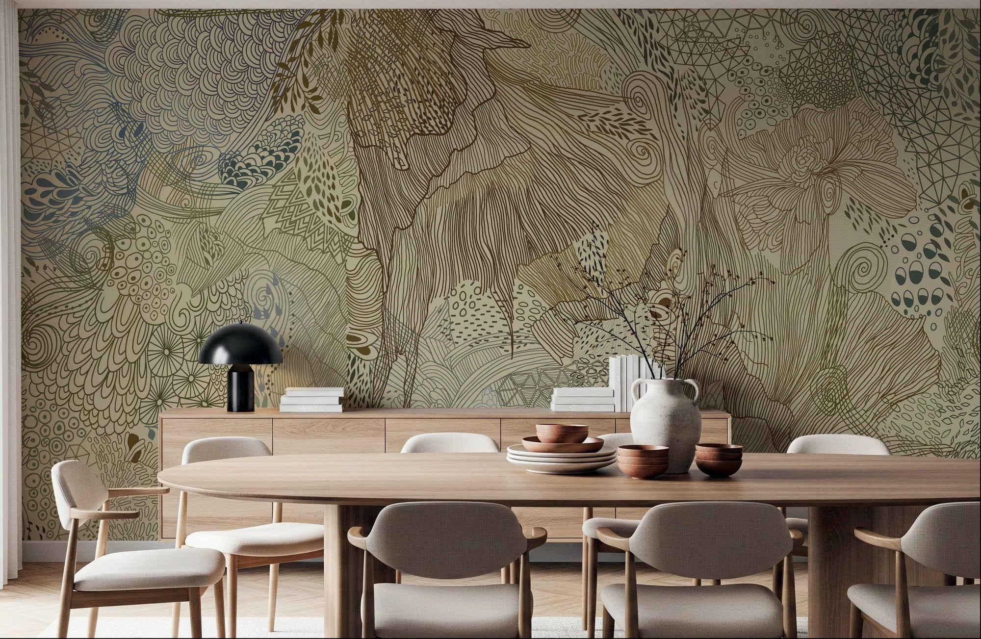 Dining room tapestry wall mural featuring a stag amid botanical patterns.