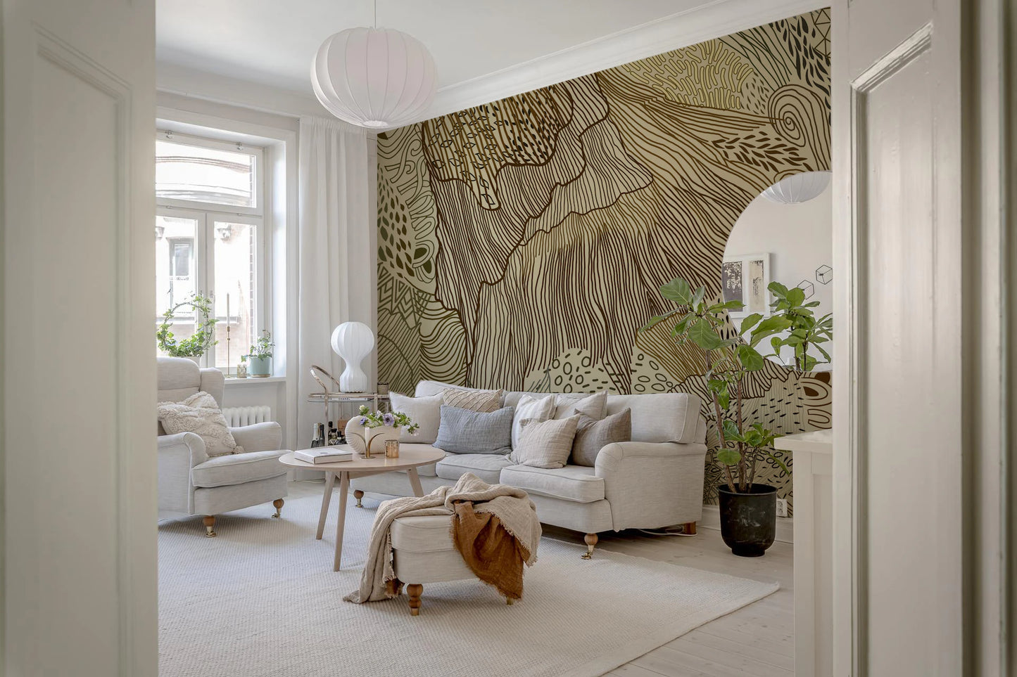 Multicolor boho mural with mandalas, leaves and triangular geometry.