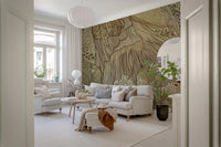 Multicolor boho mural with mandalas, leaves and triangular geometry.