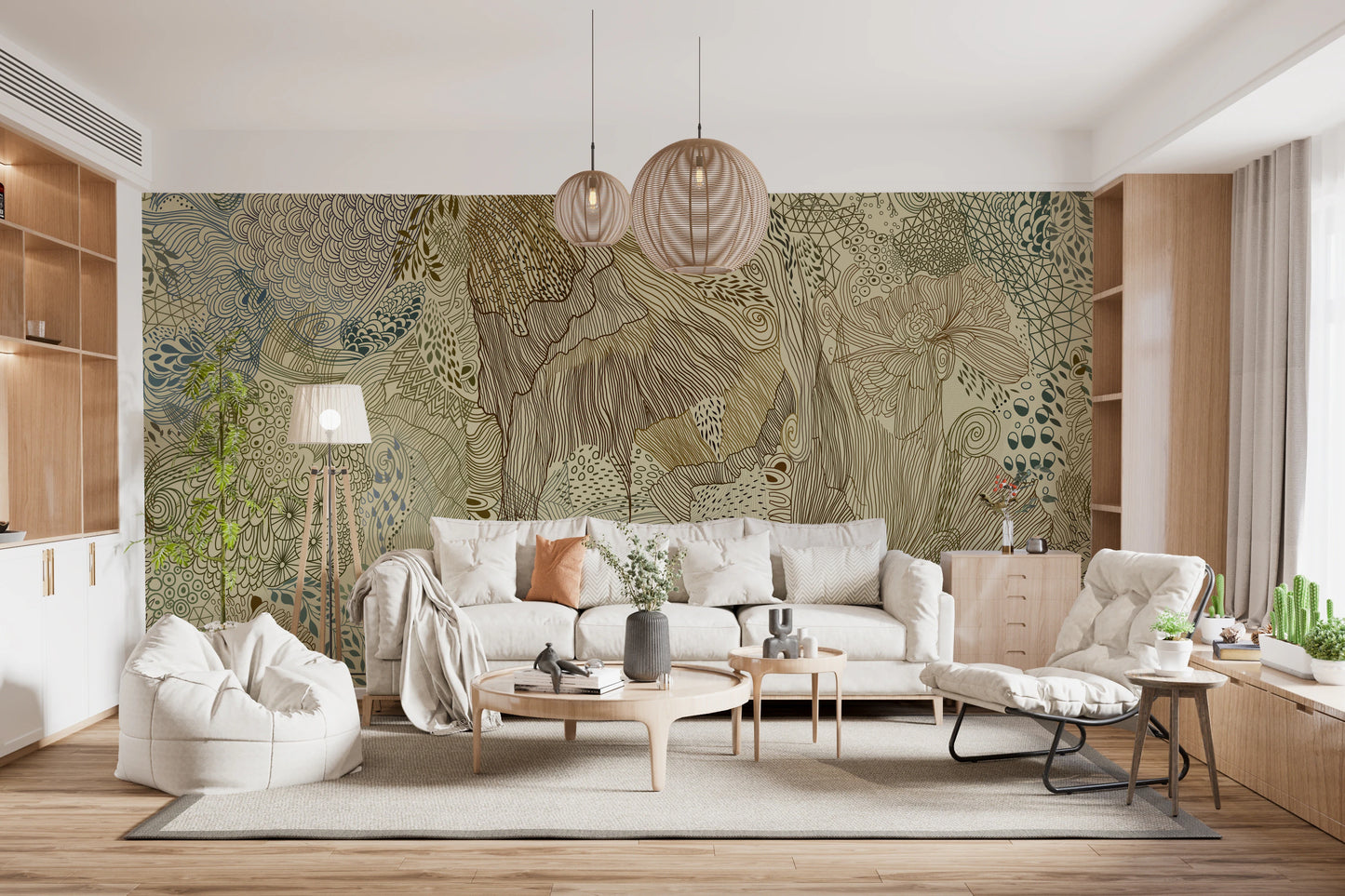Living room wall mural with boho organic tapestry pattern in neutral tones.