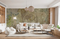 Living room wall mural with boho organic tapestry pattern in neutral tones.
