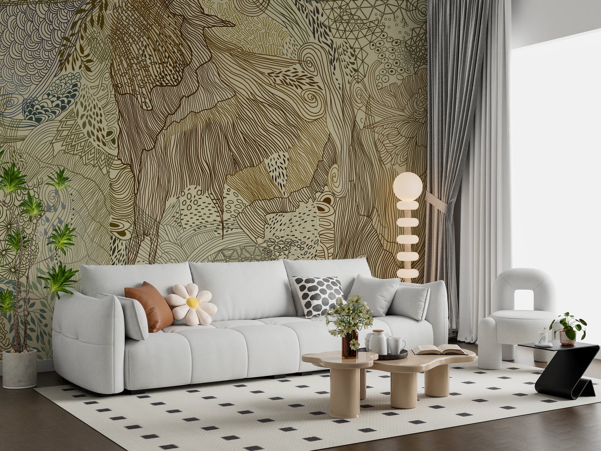 Sepia and olive tapestry wall mural with detailed botanical linework.