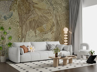 Sepia and olive tapestry wall mural with detailed botanical linework.