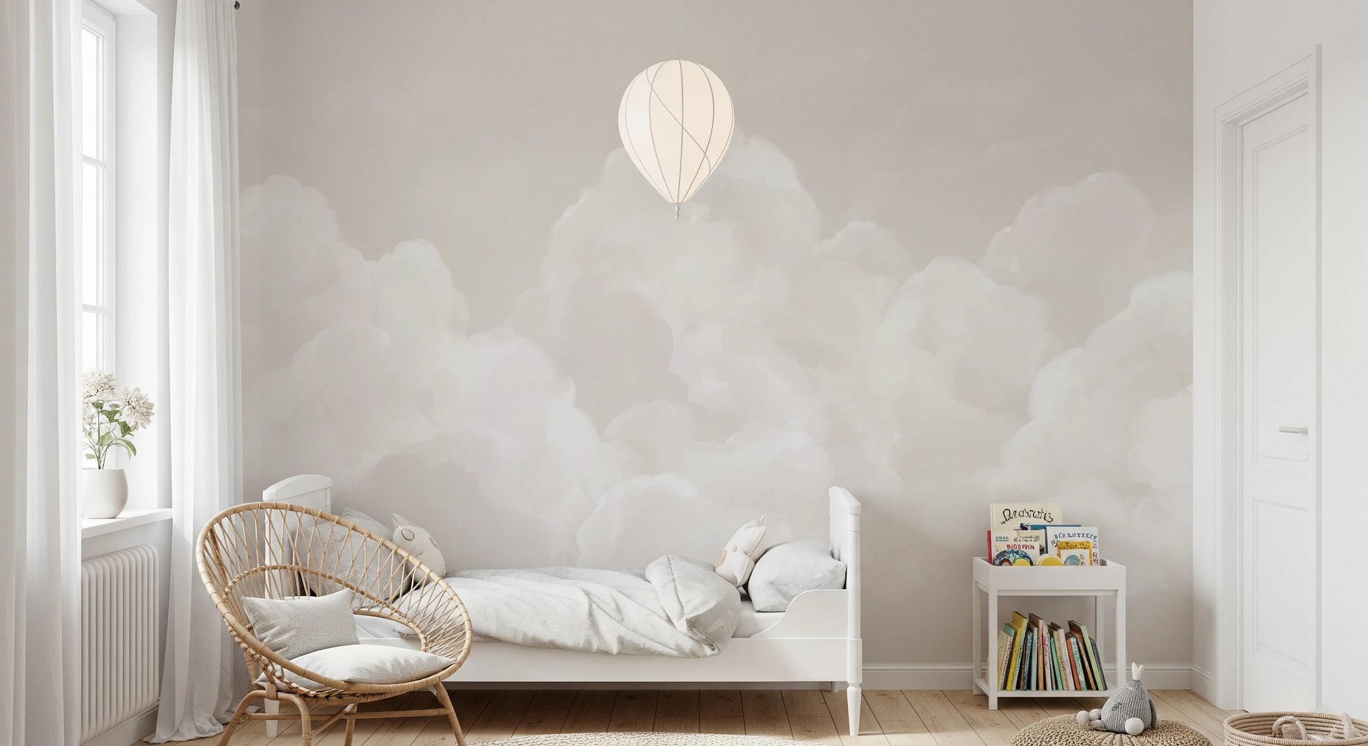 Beige cloud mural in a kids room with calm pastel atmosphere. 