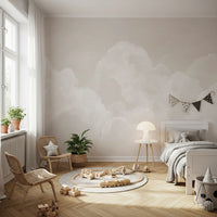 Cloud wallpaper in a bedroom corner with warm ambient lighting.