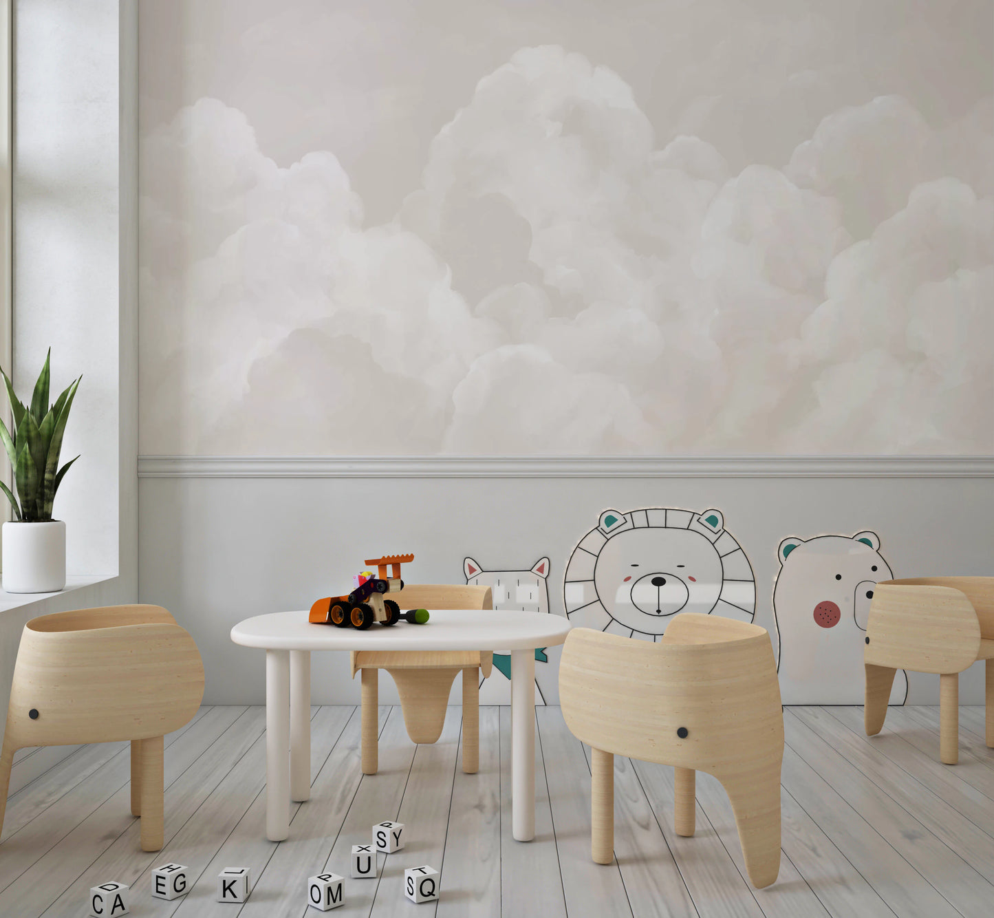 Soft cumulus cloud wall mural with painterly cream and white shading.