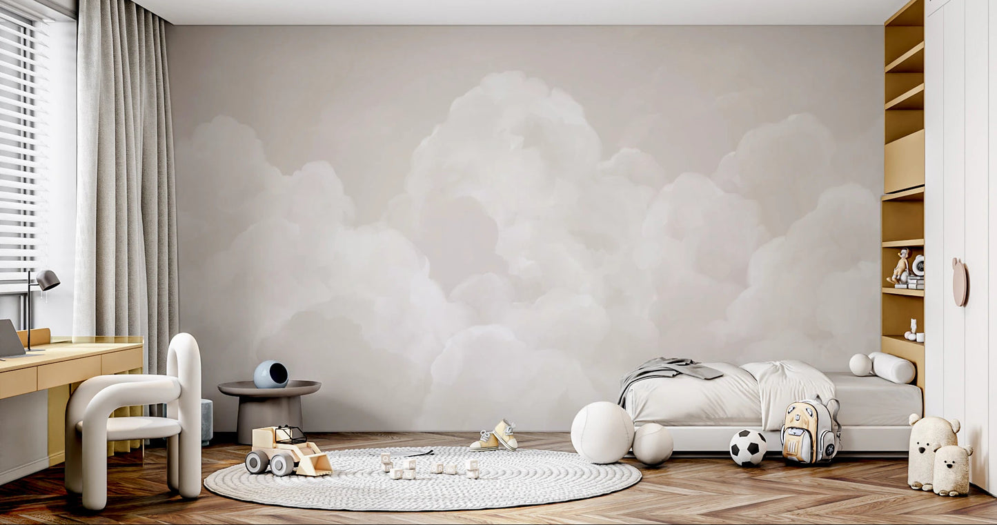 Beige cloud wall mural showing fluffy clouds against a warm sky.