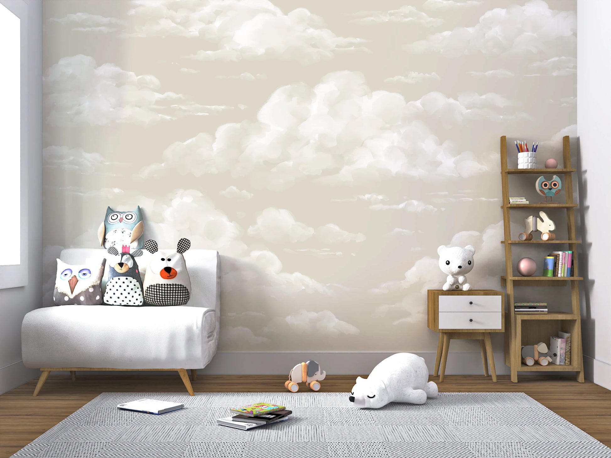 Watercolor cloud wall mural in a nursery with airy white and oatmeal cloud shapes.