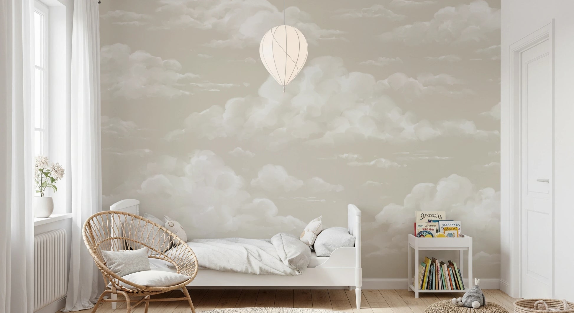 Wide pattern of sky wall mural showing varied cloud shapes in painterly white over warm sand backdrop.