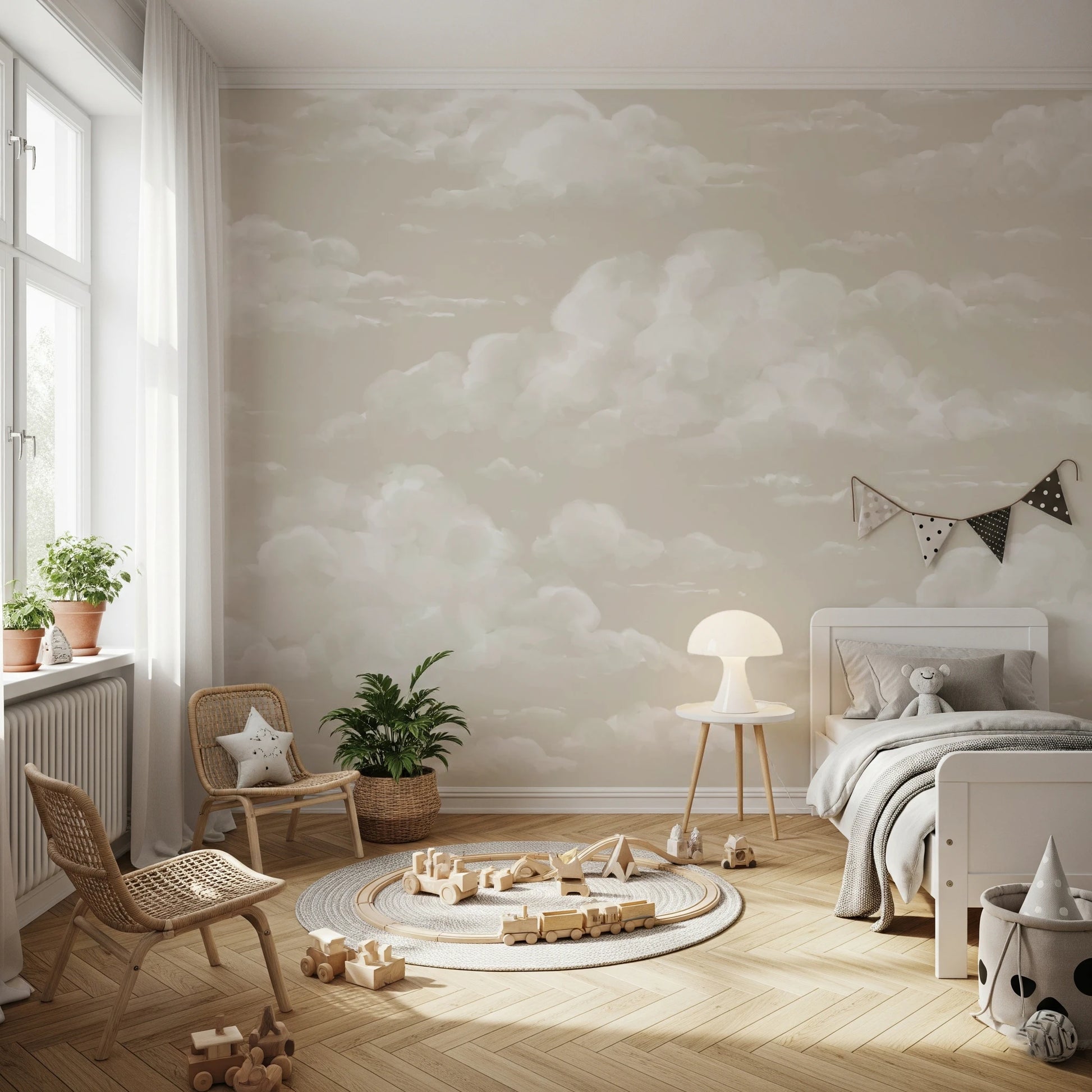 Cloud mural on a kids bedroom wall showing wide painterly cloud forms in soft beige sky tones.