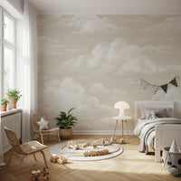 Cloud mural on a kids bedroom wall showing wide painterly cloud forms in soft beige sky tones.