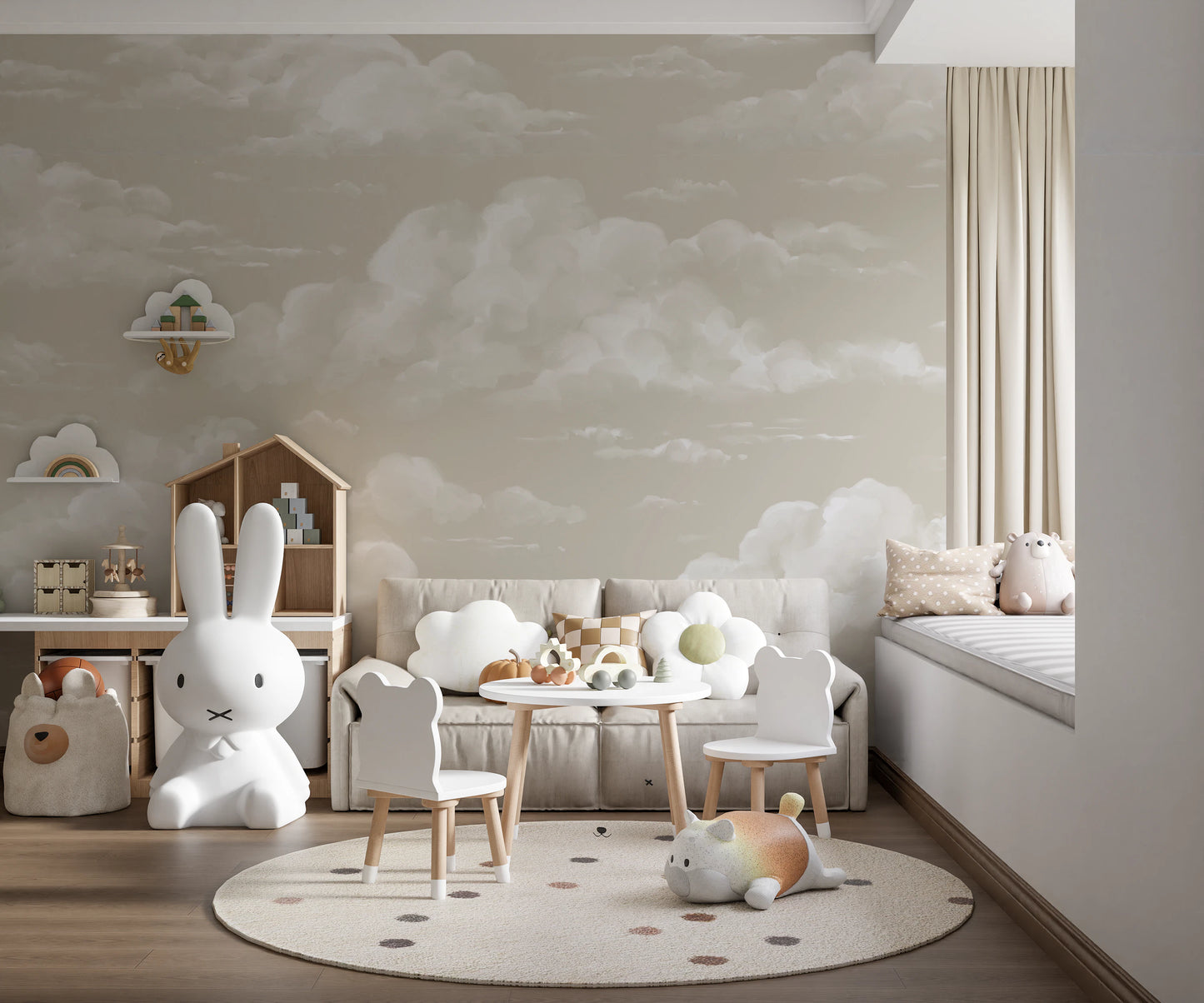 Cloud Whisper Wall Mural with painterly white cumulus clouds on a warm beige sky-tone background.