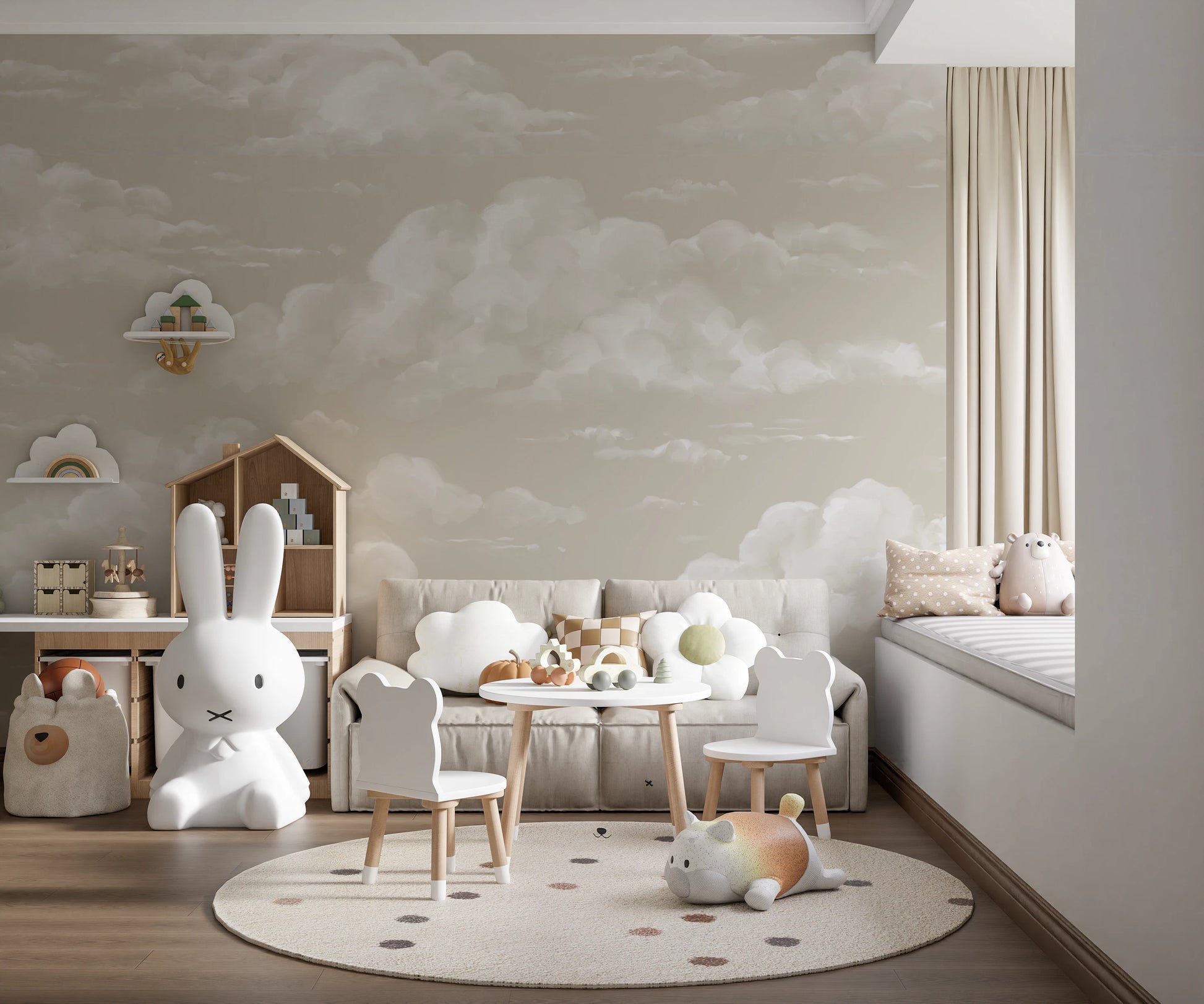 Cloud Whisper Wall Mural with painterly white cumulus clouds on a warm beige sky-tone background.