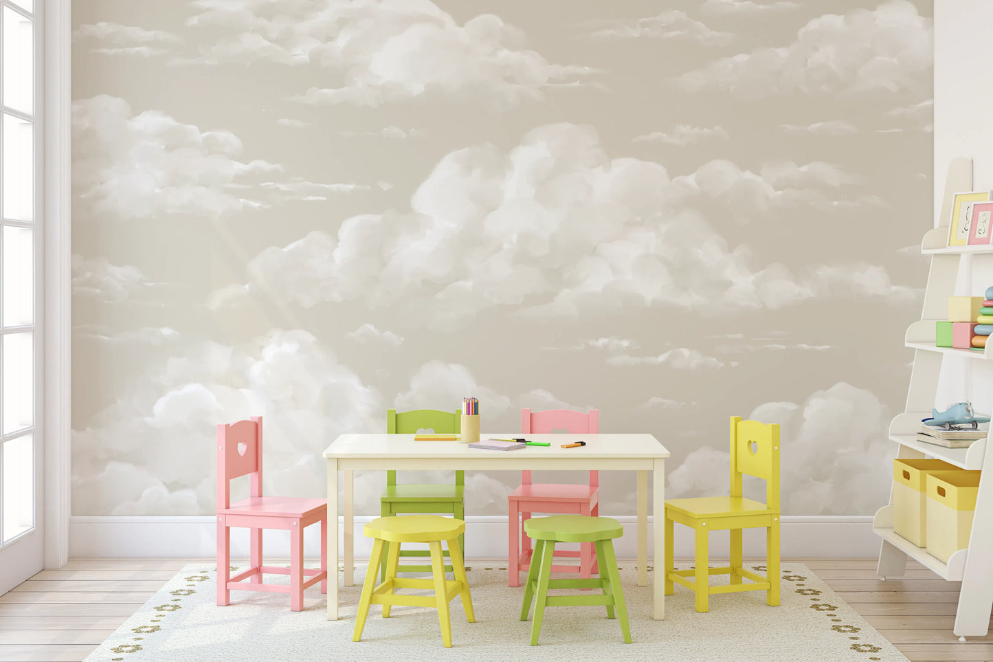 Soft ivory and oatmeal cloud mural with watercolor finish across a neutral beige wall surface 