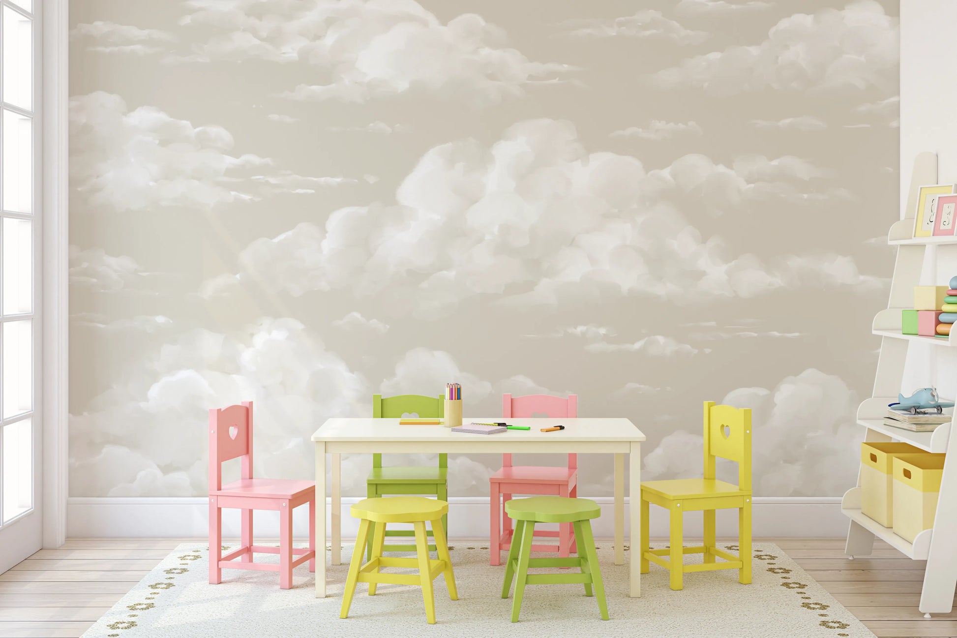 Soft ivory and oatmeal cloud mural with watercolor finish across a neutral beige wall surface 
