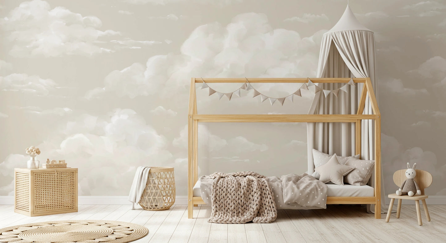 Cloud Whisper sky mural across a toddler room wall in beige with creamy cumulus cloud forms.