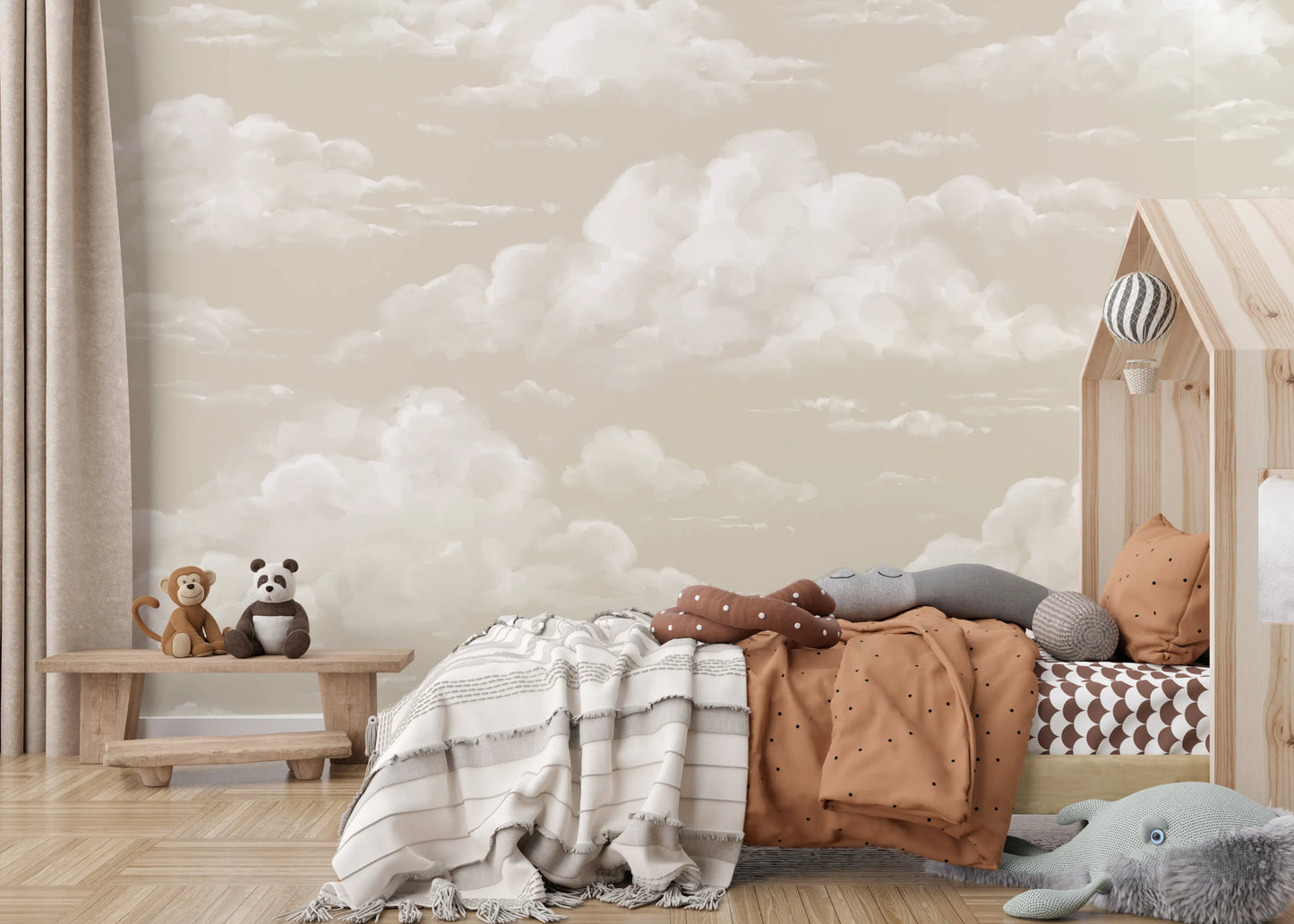 Cluster of fluffy cumulus clouds wall mural with creamy white tones and feathered painted edges on beige