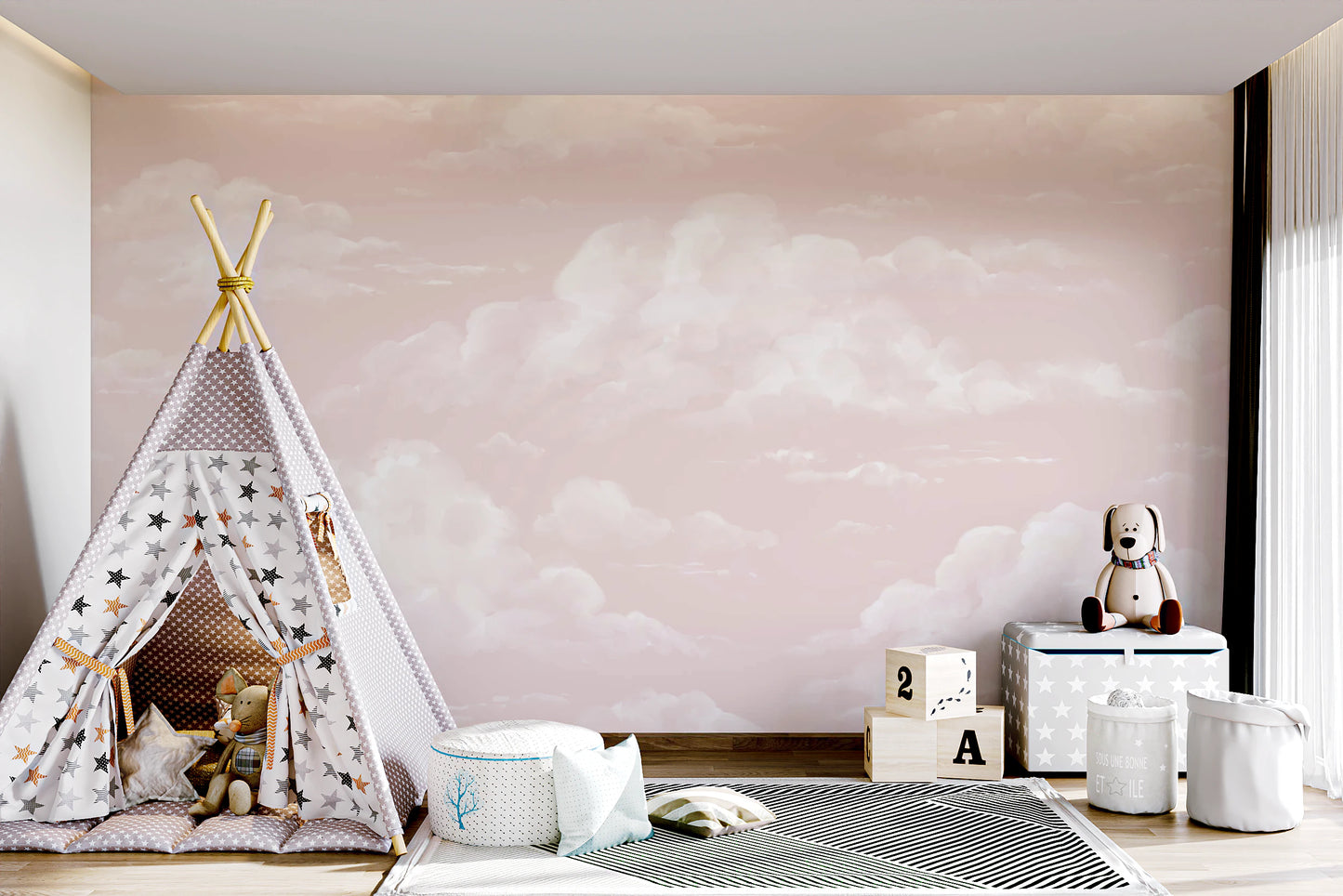 Watercolor cloud wall mural with painterly white clouds on pastel pink background.