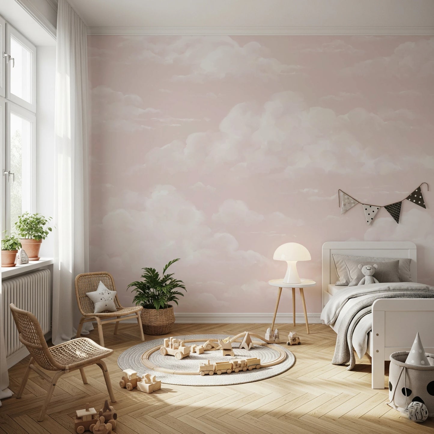 Peel-and-stick pink cloud wall mural with soft white cloud shapes.