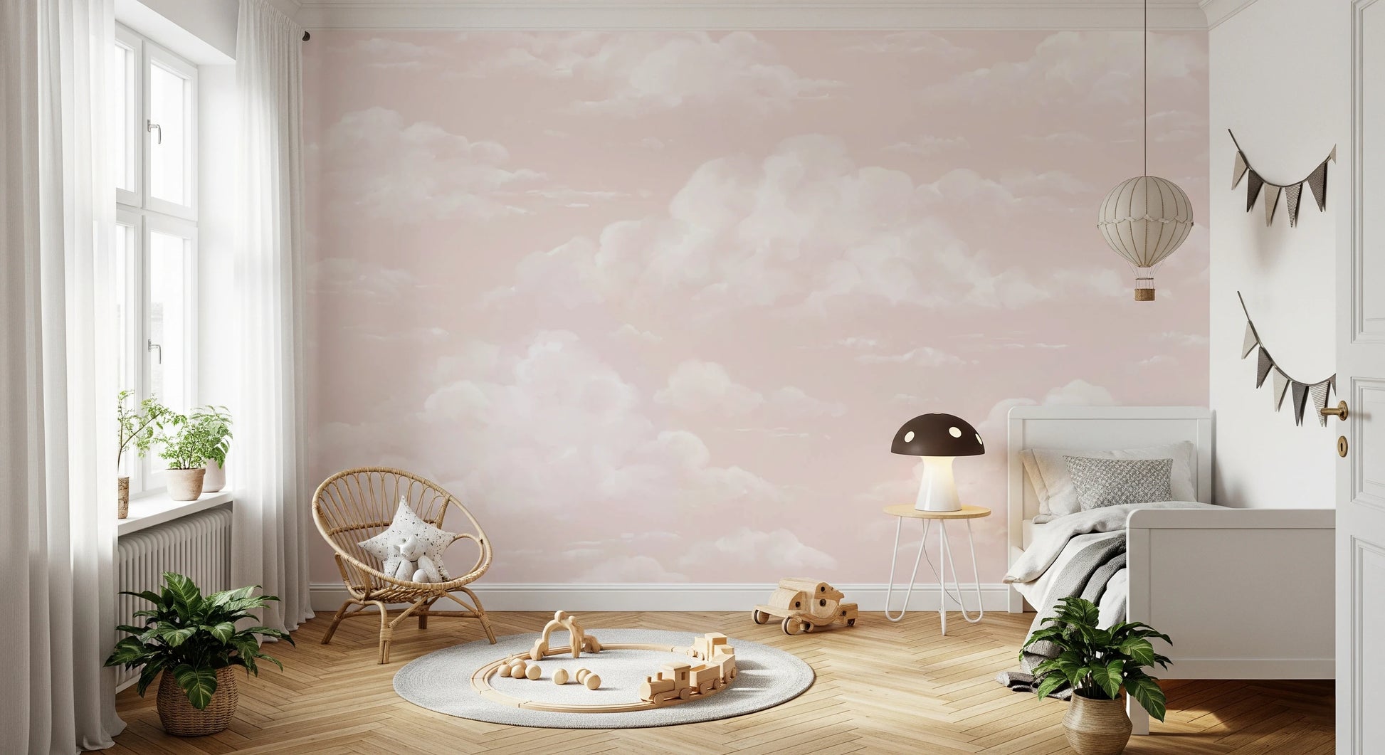 Watercolor cloud mural for kids room with blush sky and white clouds. 