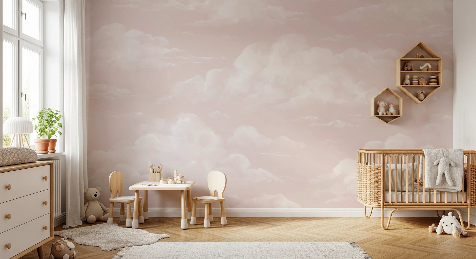 Pink cloud wall mural with soft blush sky and white cumulus clouds. 