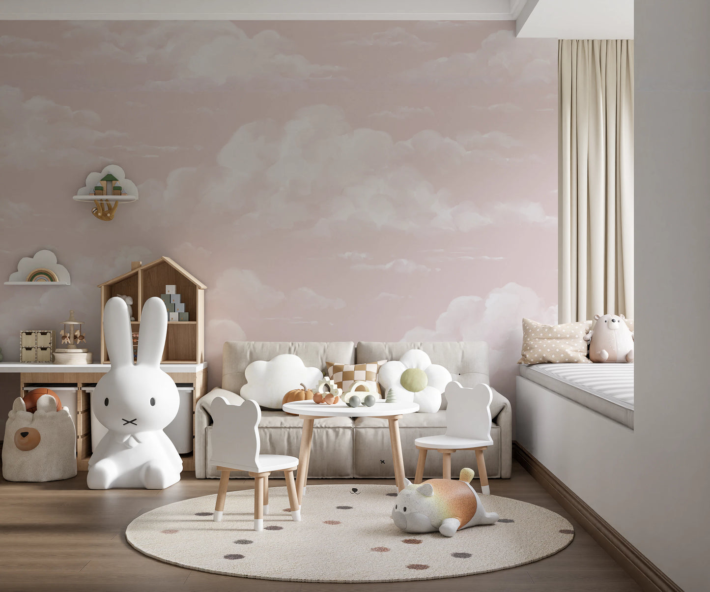 Kids room wall mural showing Cumulus cloud pattern over warm pink sky with painterly brushwork.