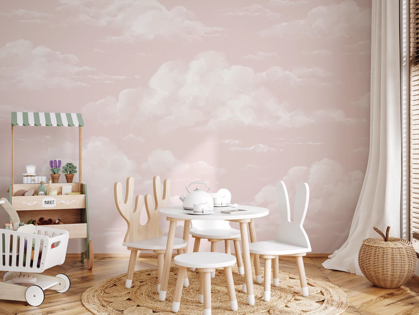 Pink sky wall mural with layered white clouds in a calm pastel tone. 