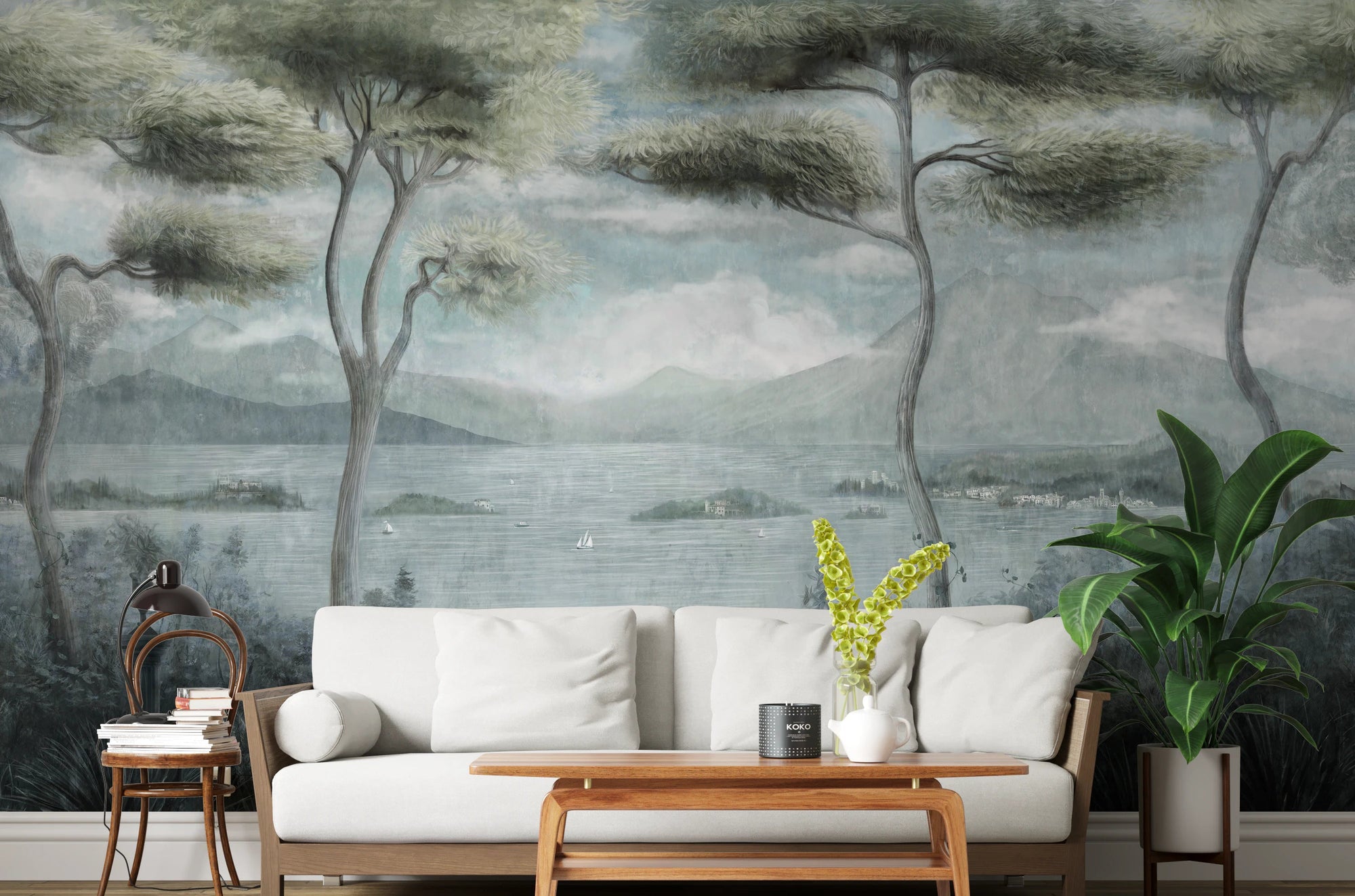 Living room wall mural with classical pine and lake landscape scene.