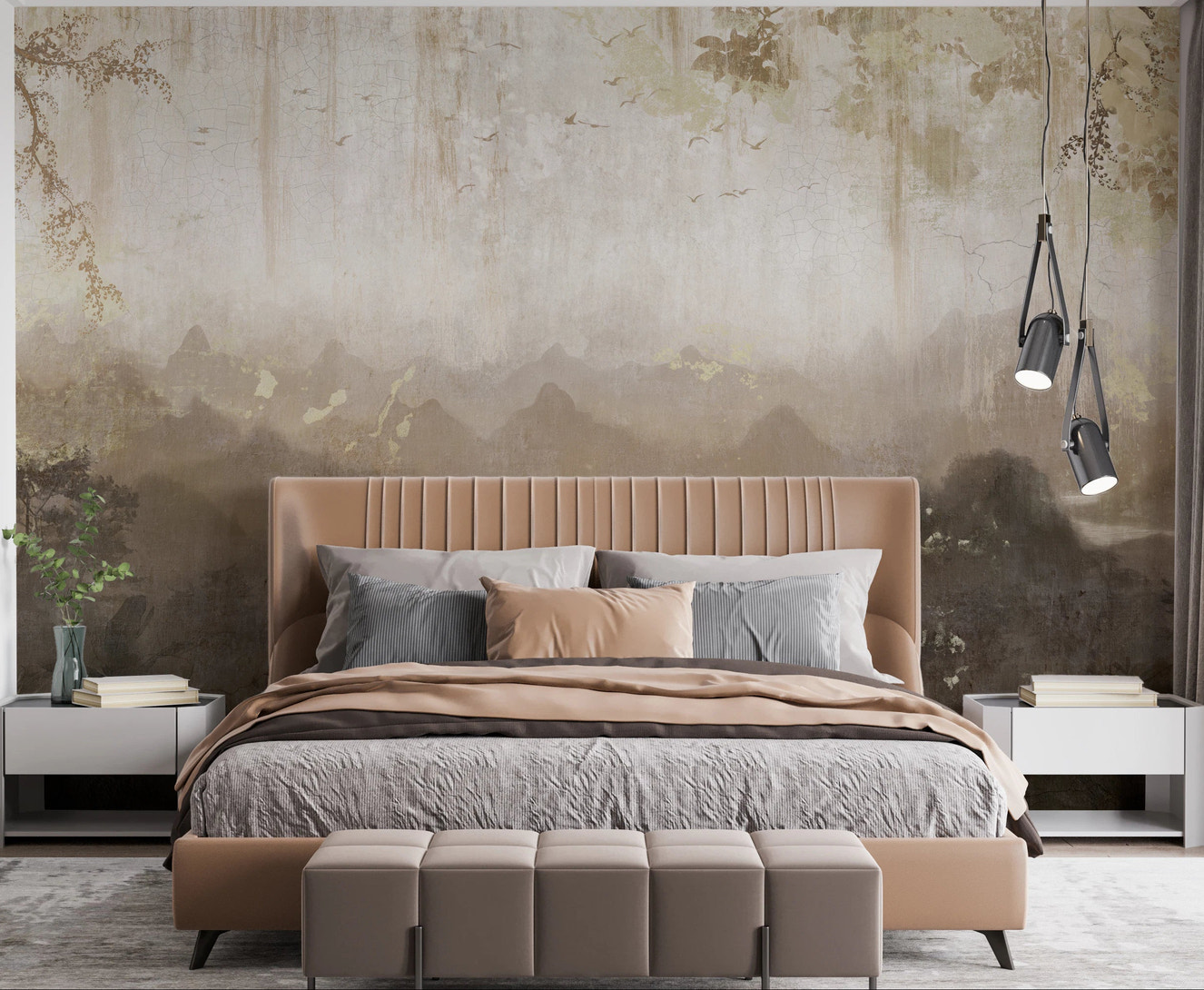 Bedroom wall mural of aged landscape with hanging branches and birds.