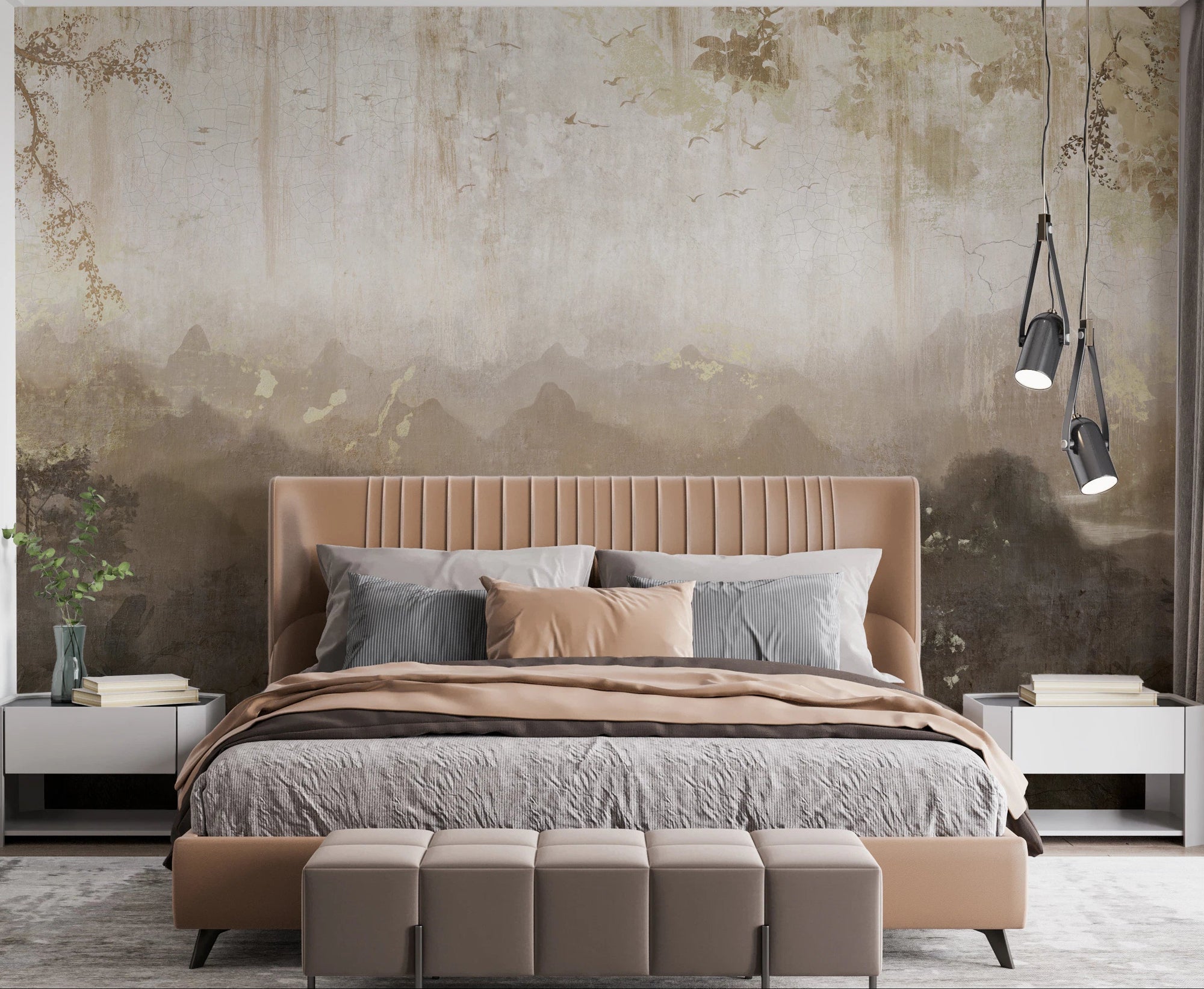 Bedroom wall mural of aged landscape with hanging branches and birds.