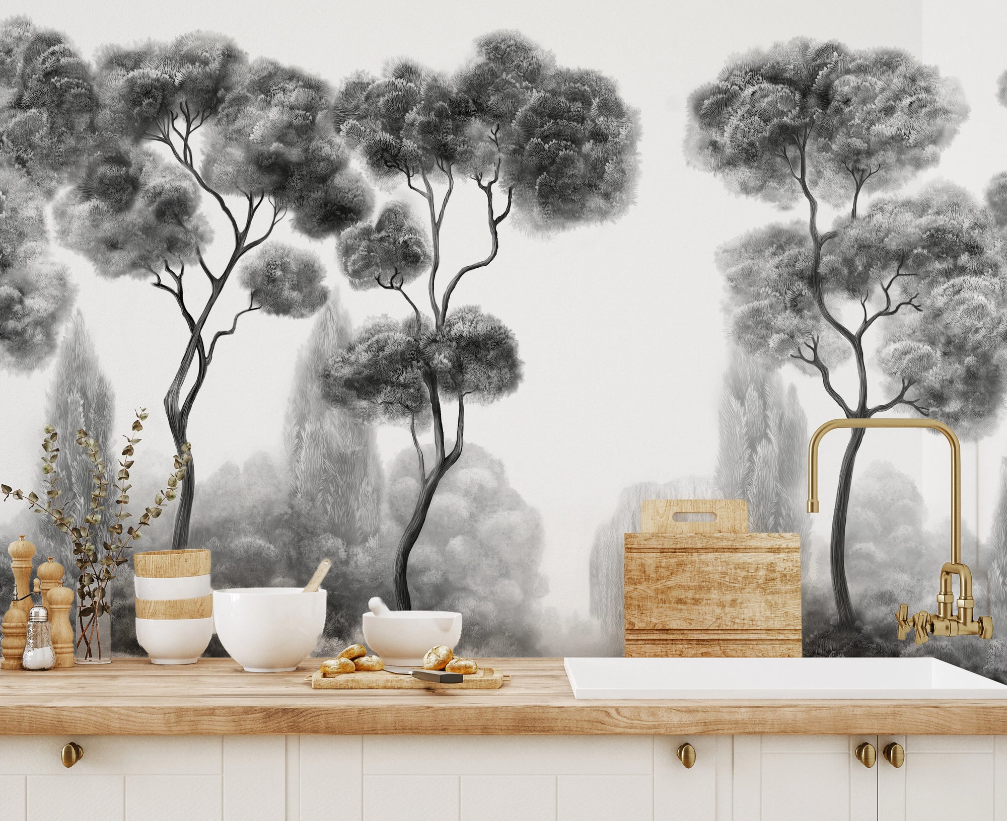 Monochrome woodland wall mural with towering tree canopies in kitchen.
