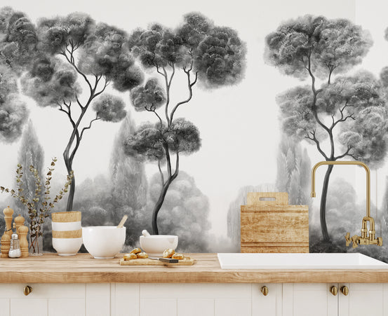 Monochrome woodland wall mural with towering tree canopies in kitchen.