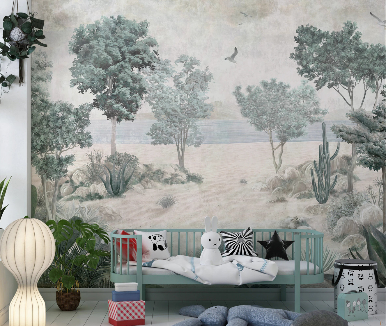 Panoramic wall mural of desert coastline with ocean and seagulls in nursery.