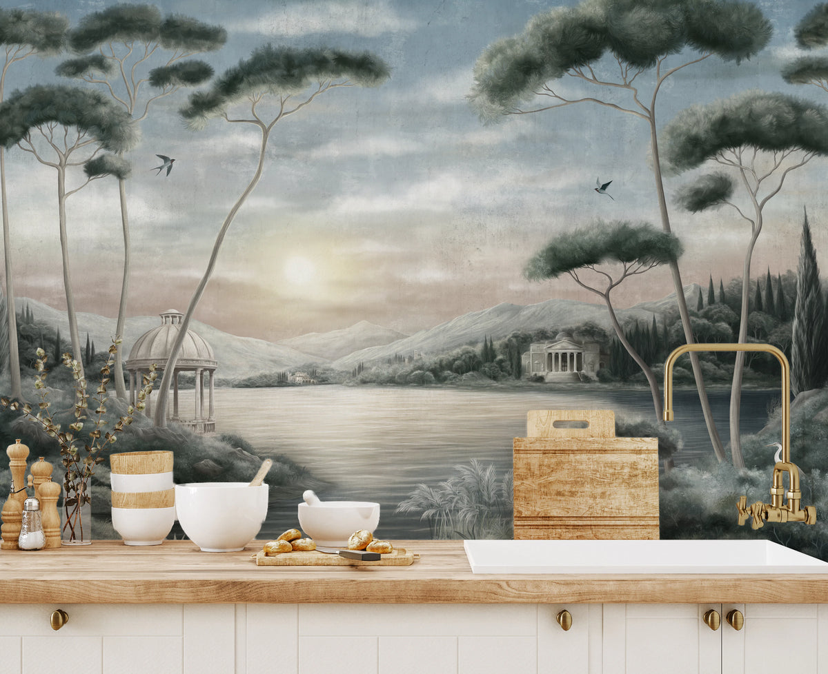 Kitchen wall mural of teal lake vista with rotunda and heron at shore.