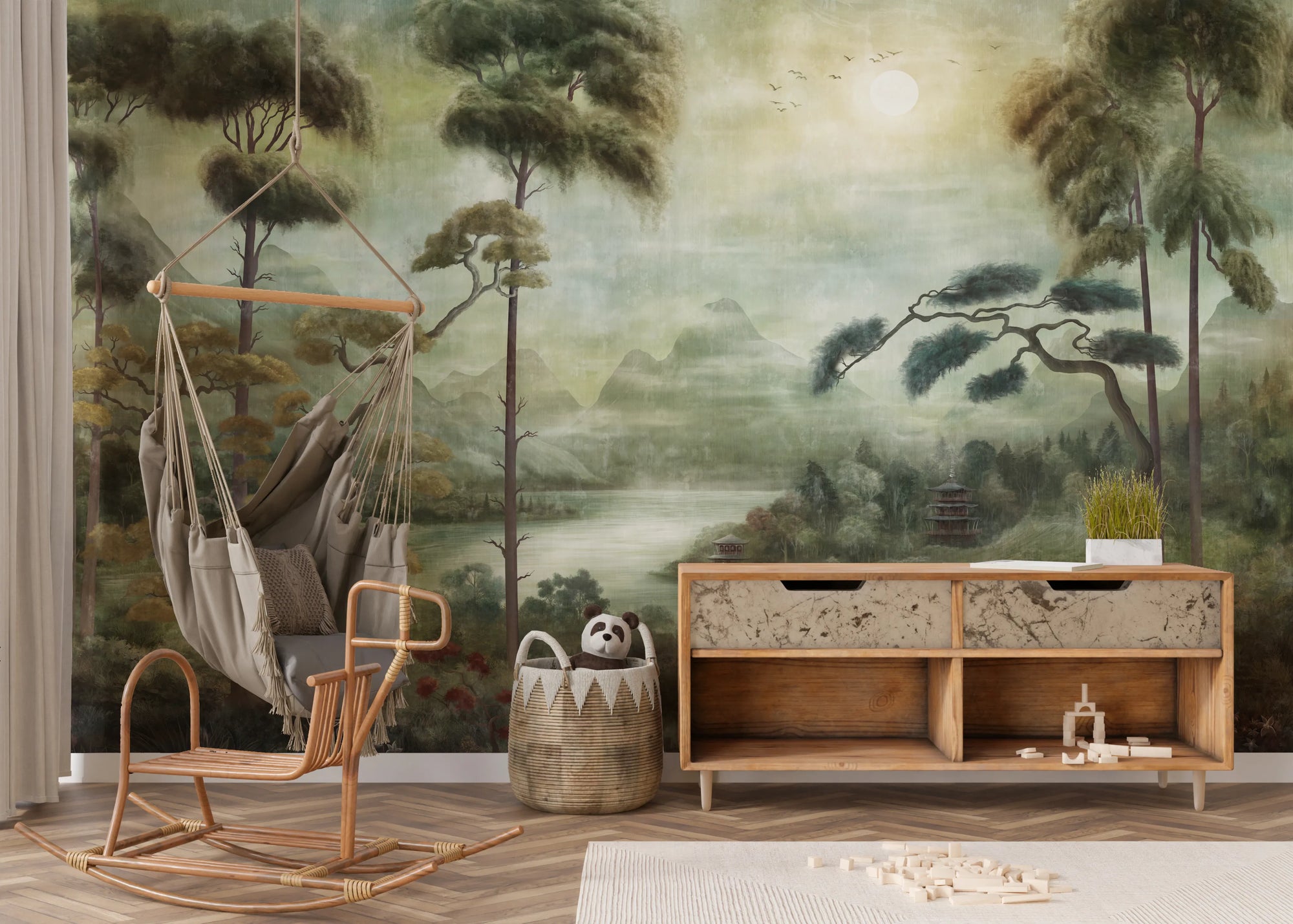 Pagoda wall mural with misty peaks and sun over green tree canopy in nursery.
